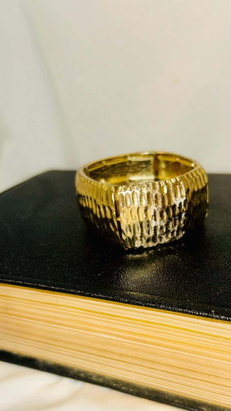 Gold-Tone Textured Rectangular Stretch Band Ring